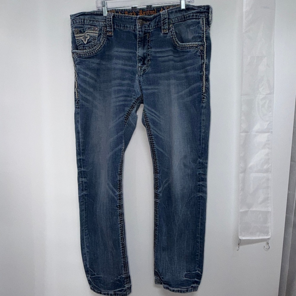 Rock Revival Mens 36 Straight Leg Jeans Y2K Rocker Fleur De Lis Heavy Stitch